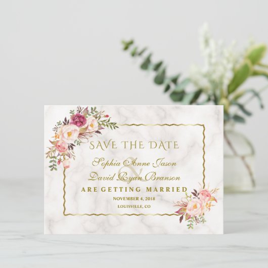 Glam金ゴールド赤面ピンクフローラ大理石日付を保存 セーブザデート (スタンド正面)