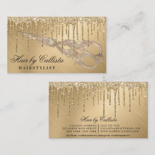 Glam金ゴールド金属グリッタードリップヘアハサミ 名刺 (正面/裏面)