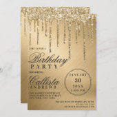 Glam金ゴールド金属グリッタードリップ誕生日 招待状 (正面/裏面)