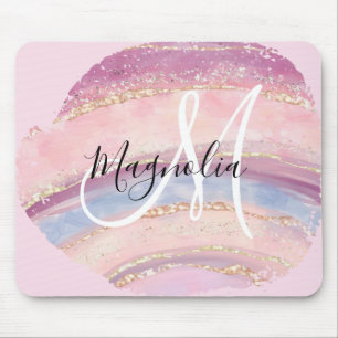 Glam金ゴールドPink Blue Gemstone Brush Stroke Monogram マウスパッド