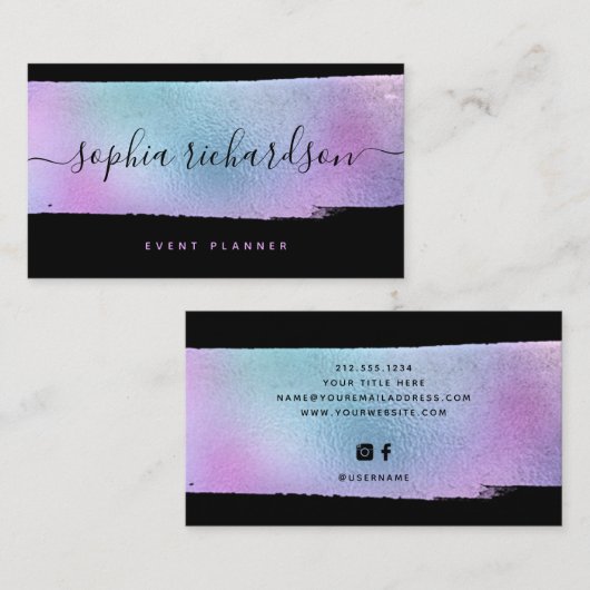 Glam フェイク HolographicグリッターとScript on Black 名刺 (正面/裏面)