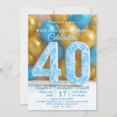 Glam ブルー ゴールド バルーン 40回目 結婚記念日 招待状 (正面)