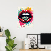 Glam ポップ・アートの Art Red Lips and Diamond Poster ポスター (ホームオフィス)