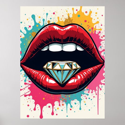 Glam ポップ・アートの Art Red Lips and Diamond Poster ポスター (正面)
