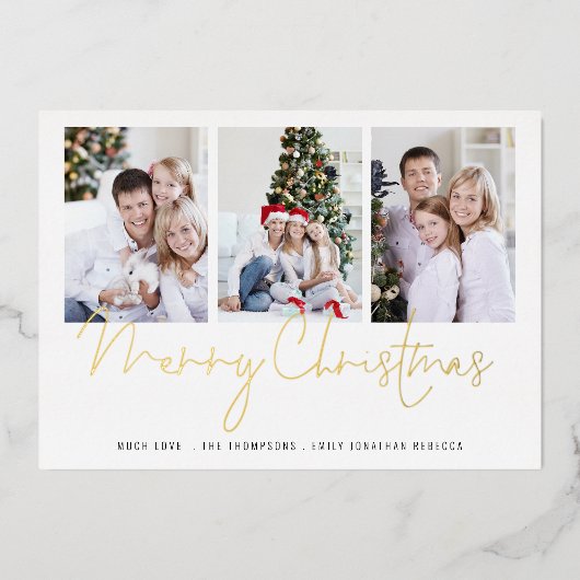 Glam 3枚の写真メリークリスマス実在 箔シーズンカード (正面)