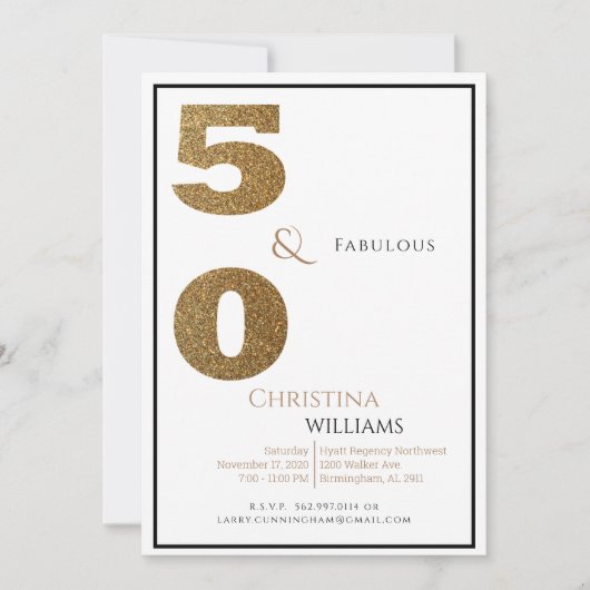 Glam 50と素晴らしいブラック&金ゴールド誕生日 招待状 (正面)