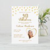 Glam 50と素晴らしい白と金ゴールドの写真誕生日 招待状 (スタンド正面)