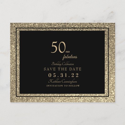 Glam 50と素晴らしい金ゴールドグリッターSave the Date Post ポストカード (正面)
