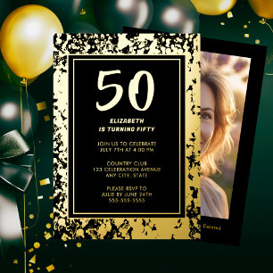 Glam 50thブラック金ゴールド誕生日フォトラはっきりしたックス 箔招待状