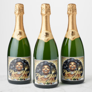 Glam African American女性誕生日/NYE スパークリングワインラベル