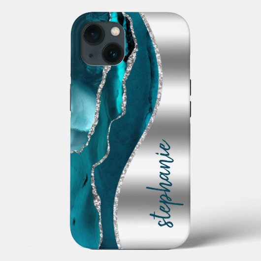 Glam Agate Geodeメタリック銀ティール(緑がかった色)名 Case-Mate iPhoneケース (裏面)