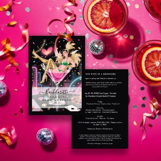Glam and Funny Showgirl Cocktail Glass Wedding 招待状