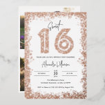 Glam Birthday Party実在バラ金ゴールド写真Sweet 16 箔招待状<br><div class="desc">Glam Birthday Party実在バラ金ゴールドPhoto  Sweet 16フォイル招待状：白い背景に、バラ金ゴールド箔と前面招待状の年齢とダークグレーの招待文字と実在16時間の誕生日の招待縁ど。背中には、自分の写真の2枚、白縁どと「sweet sixteen」のスクリプ読トが含まれる。これは完璧な甘い16の誕生日の招待である。</div>