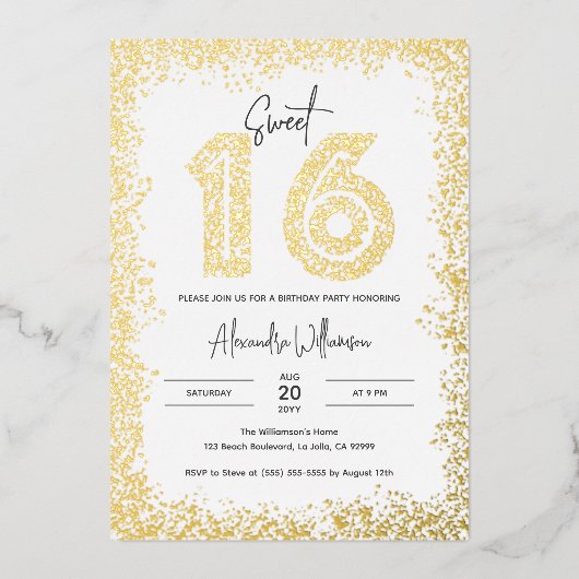 Glam Birthday Party Photo Sweet 16 実在金ゴールド 箔招待状 (正面)