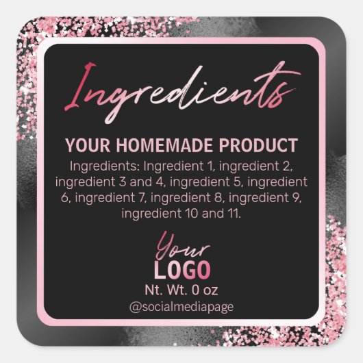Glam Blackとピンクのグリッター原料ラベル スクエアシール (正面)