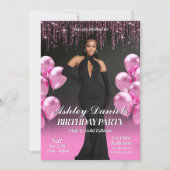 Glam Black and Pink Birthday Partyへの招待 招待状 (正面)