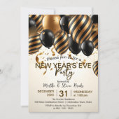 Glam Black Gold Balloons New Year's Eve Party 招待状 (正面)