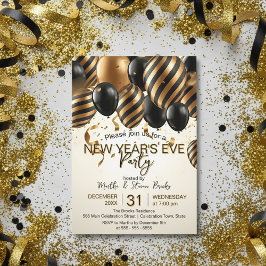 Glam Black Gold Balloons New Year's Eve Party 招待状