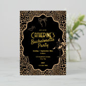 Glam Black & Gold Leopard Print Bachelorette Party 箔招待状 (立ち正面)