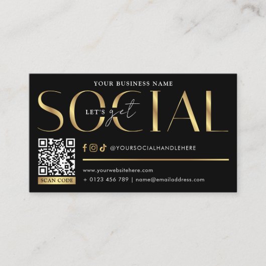 Glam Black & Gold Let's Get Social Media QR Code 名刺 (正面)
