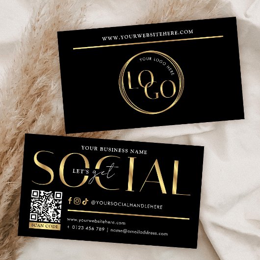 Glam Black & Gold Let's Get Social Media QR Code 名刺