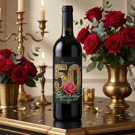 Glam Black Gold Red Rose 50th Birthday Party ワインラベル
