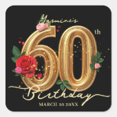 Glam Black Gold Red Rose Floral 60th Birthday スクエアシール (正面)