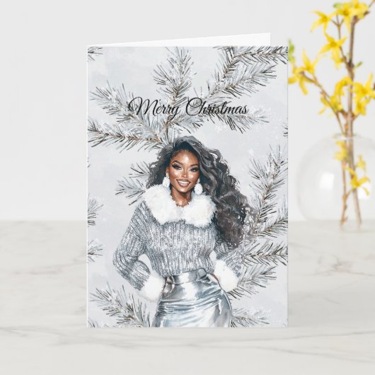 Glam Black Woman Silver Christmas Tree Branches カード (黄色い花)