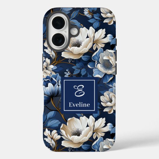 Glam Blue and Ivory Flowers Designer iPhone Case Case-Mate iPhoneケース (裏面)