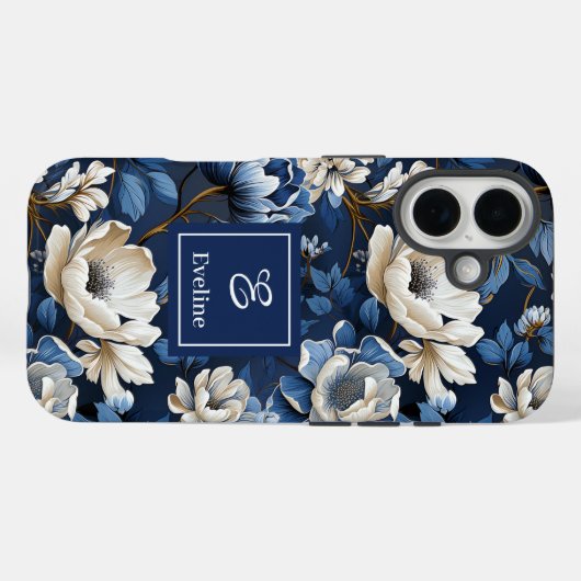 Glam Blue and Ivory Flowers Designer iPhone Case Case-Mate iPhoneケース (裏面 (横))