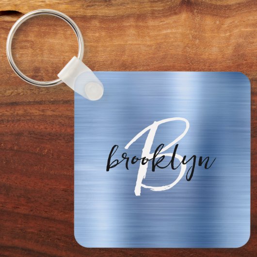 Glam Blue Brushed Metal Monogram  キーホルダー (正面)