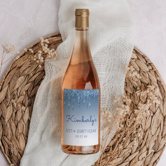 Glam Blue Glitter Drip 50th Birthday Party ワインラベル