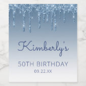 Glam Blue Glitter Drip 50th Birthday Party ワインラベル (シングルラベル)