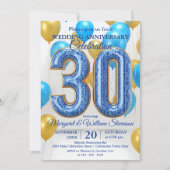 Glam Blue Gold Balloons 30th Wedding Anniversary 招待状 (正面)