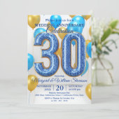 Glam Blue Gold Balloons 30th Wedding Anniversary 招待状 (スタンド正面)