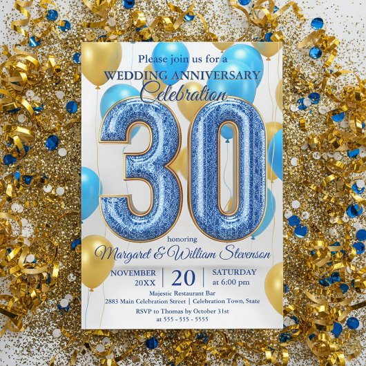 Glam Blue Gold Balloons 30th Wedding Anniversary 招待状