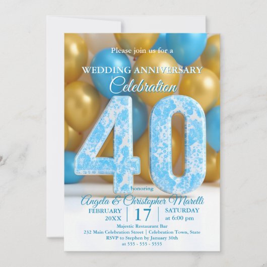 Glam Blue Gold Balloons 40th Wedding Anniversary 招待状 (正面)