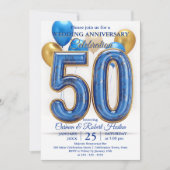 Glam Blue Gold Balloons 50th Wedding Anniversary  招待状 (正面)