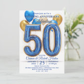 Glam Blue Gold Balloons 50th Wedding Anniversary  招待状 (スタンド正面)
