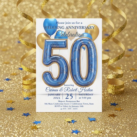 Glam Blue Gold Balloons 50th Wedding Anniversary  招待状