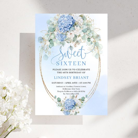 Glam Blue Hydrangeas Gold Sweet Sixteen Invite 招待状