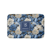 Glam Blue Ivory Flowers Custom Name Bath Mat バスマット (正面)