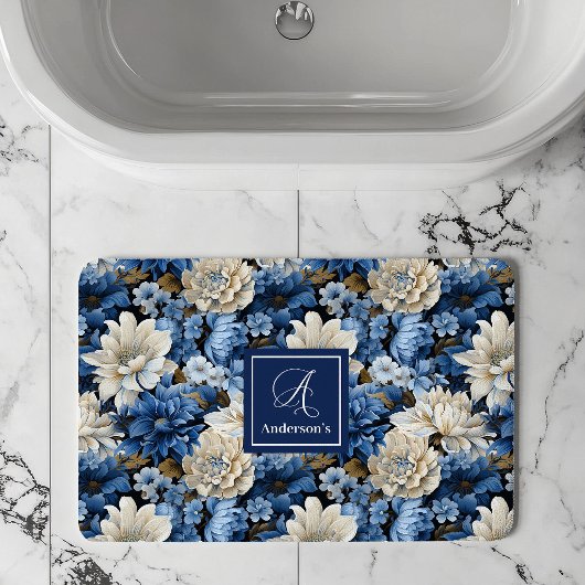 Glam Blue Ivory Flowers Custom Name Bath Mat バスマット