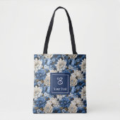 Glam Blue Ivory Flowers Custom Name Tote Bag トートバッグ (正面)