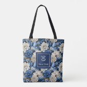 Glam Blue Ivory Flowers Custom Name Tote Bag トートバッグ (裏面)