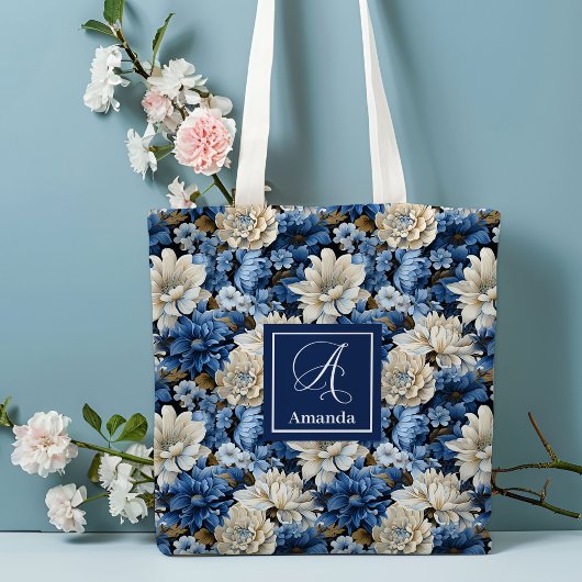Glam Blue Ivory Flowers Custom Name Tote Bag トートバッグ