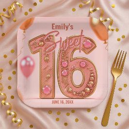 Glam Blush and Rose Gold Sparkle Sweet Sixteen  ペーパープレート