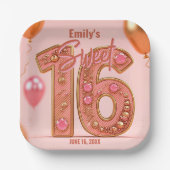 Glam Blush and Rose Gold Sparkle Sweet Sixteen  ペーパープレート (正面)