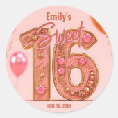 Glam Blush Pink and Gold Gemstone Sweet Sixteen  ラウンドシール (正面)