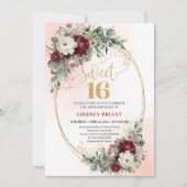 Glam Bohemian Deep Red Floral Gold Sweet 16 Invite 招待状 (正面)